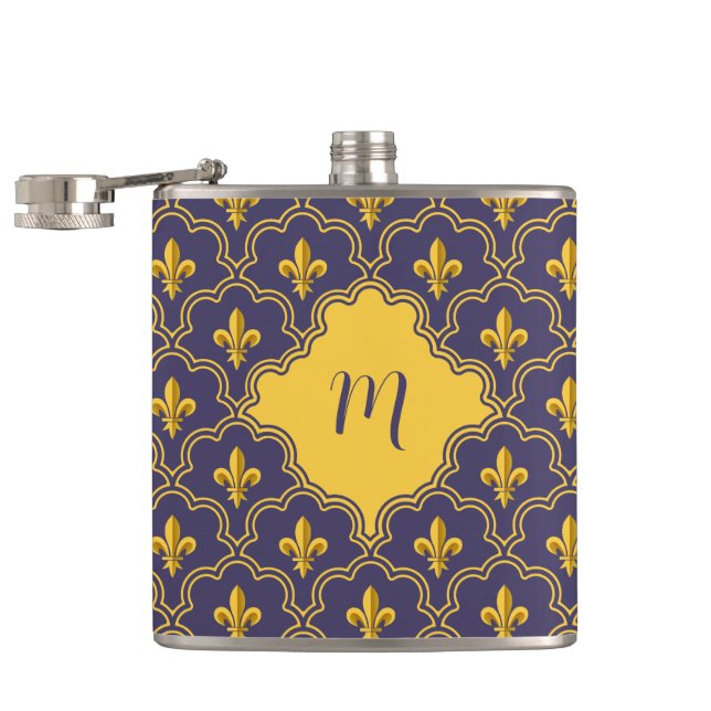 Royal Fleur-de-Lis Purple and Gold Pattern Hip Flask (Opened)