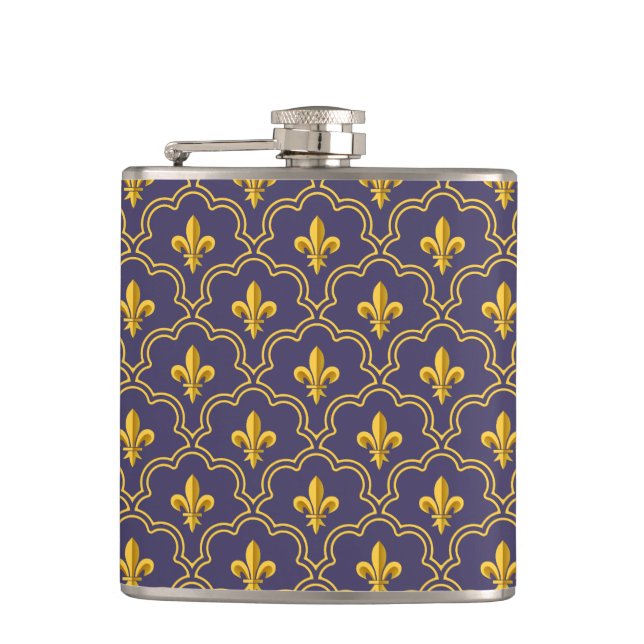 Royal Fleur-de-Lis Purple and Gold Pattern Hip Flask (Front)