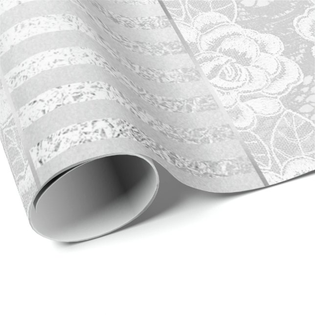 Royal Floral Roses Silver White Lace Stripes Wrapping Paper (Roll Corner)