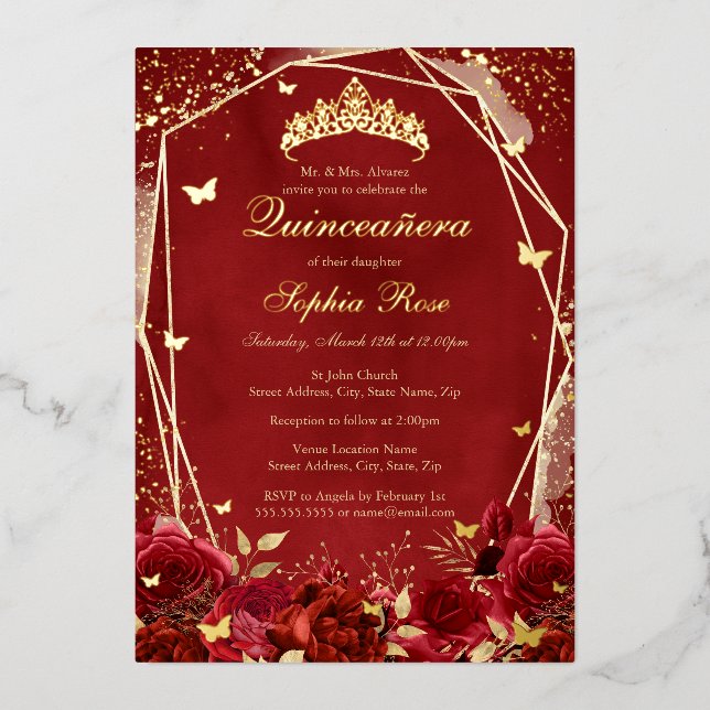 Royal Flower gold Red Tiara Quinceanera  (Front)