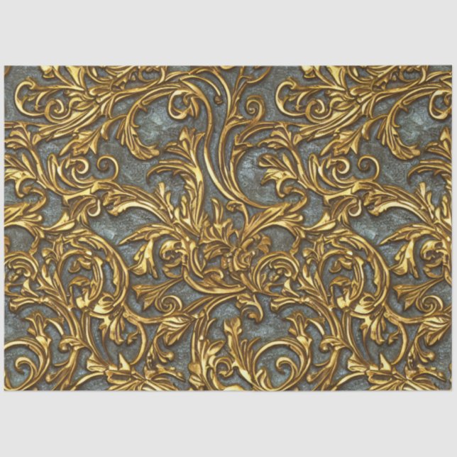 Royal Gold and Cyan Ornate Celtic Damask Tissue Paper (Front)