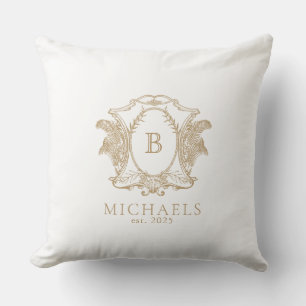 Royal Gold and White Monogram Crest Throw Pillow