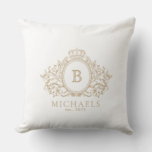Royal Gold and White Monogram Crest Throw Pillow