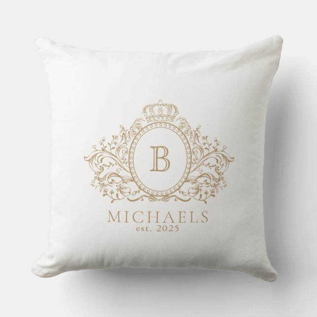 Royal Gold and White Monogram Crest Throw Pillow (Front)