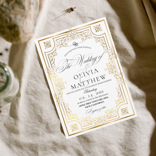 Royal Gold and White Script Wedding Invitation (Creator Uploaded)