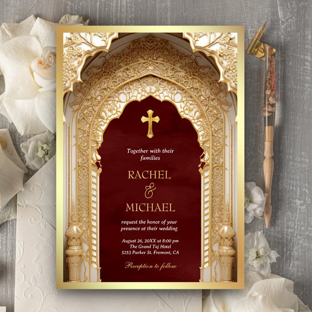 Royal Gold Arch Religious Christian Maroon Wedding Invitation (Creator Uploaded)