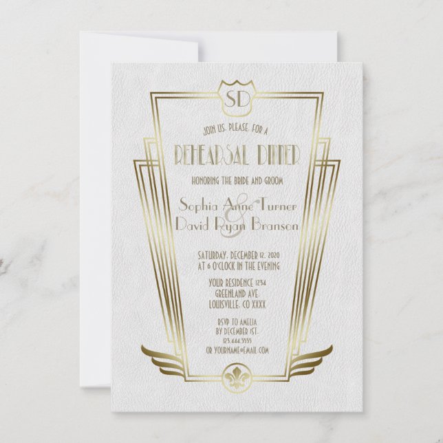 Royal Gold Art Deco Monogram Rehearsal Dinner Invitation (Front)
