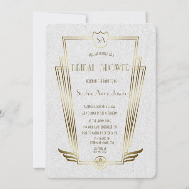 Royal Gold Art Deco Monogram White Bridal Shower Invitation (Front)