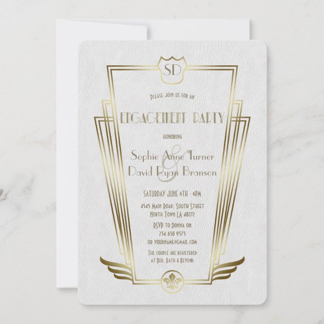 Royal Gold Art Deco Monogram White Engagement Invitation (Front)