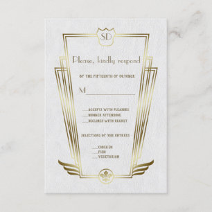 Royal Gold Art Deco Monogram White Wedding RSVP Card