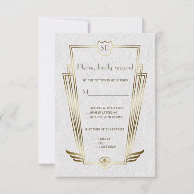 Royal Gold Art Deco Monogram White Wedding RSVP Card (Front)