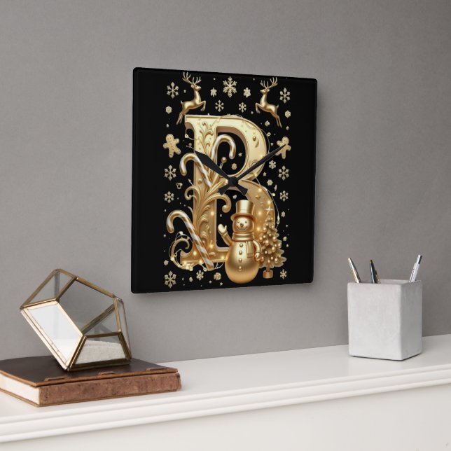 Royal Gold B Luxury Snowman Square Wall Clock (Office)