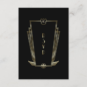 Royal Gold Black Art Deco Monogram Wedding RSVP Card