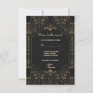 Royal Gold Black Great Gatsby 1920s Wedding RSVP Card