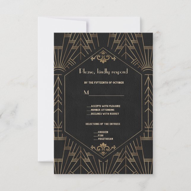 Royal Gold Black Great Gatsby 1920s Wedding RSVP Card (Front)