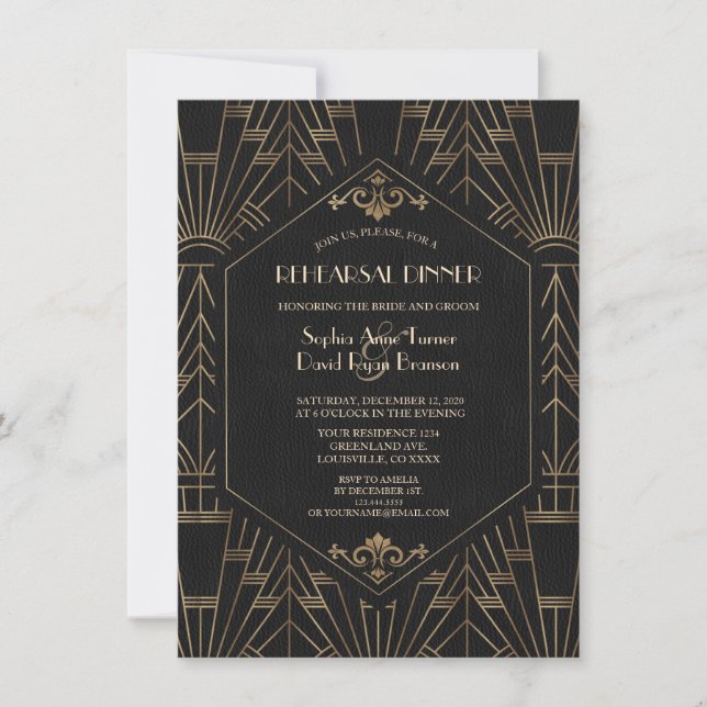 Royal Gold Black Great Gatsby 20s Rehearsal Dinner Invitation (Front)