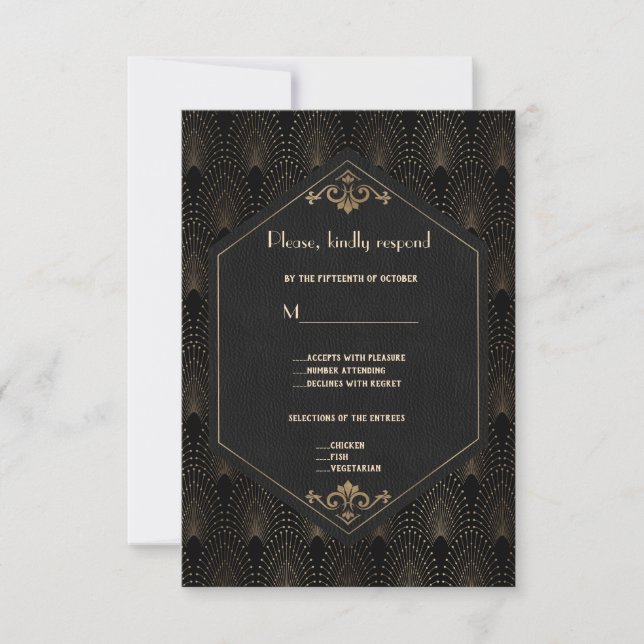 Royal Gold Black Great Gatsby Art Deco Wedding RSVP Card (Front)