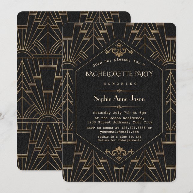 Royal Gold Black Great Gatsby Bachelorette Party Invitation (Front/Back)