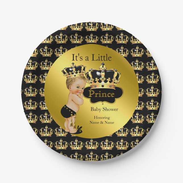 Royal Gold Black Prince Crown Baby Shower Blonde Paper Plate (Front)