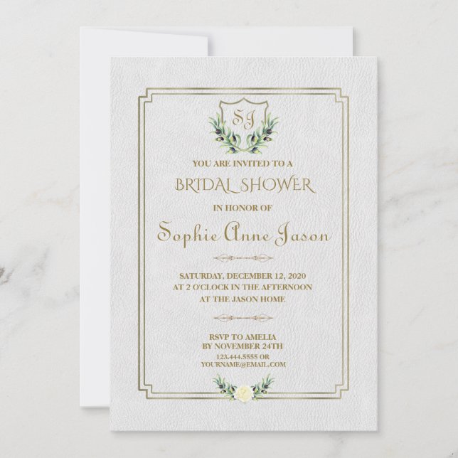Royal Gold Crest Greenery Floral Bridal Shower Invitation (Front)