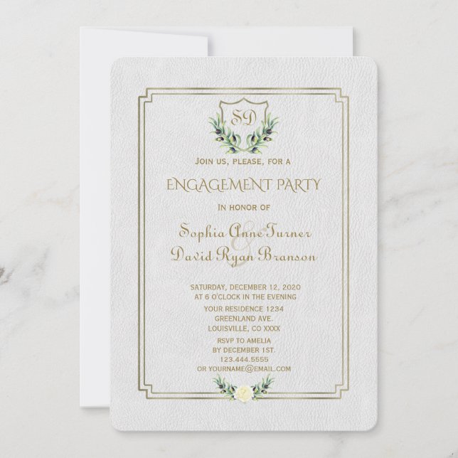 Royal Gold Crest Lush Greenery Engagement Party Invitation (Front)