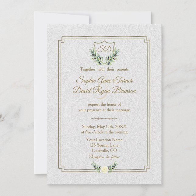 Royal Gold Crest Lush Greenery Monogram Wedding Invitation (Front)