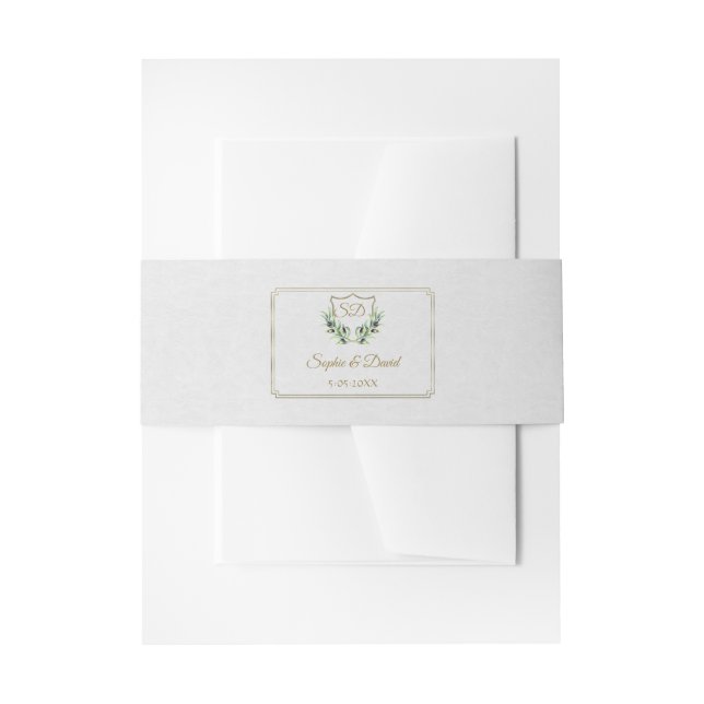 Royal Gold Crest Lush Greenery Wedding Invitation Belly Band (Front Example)