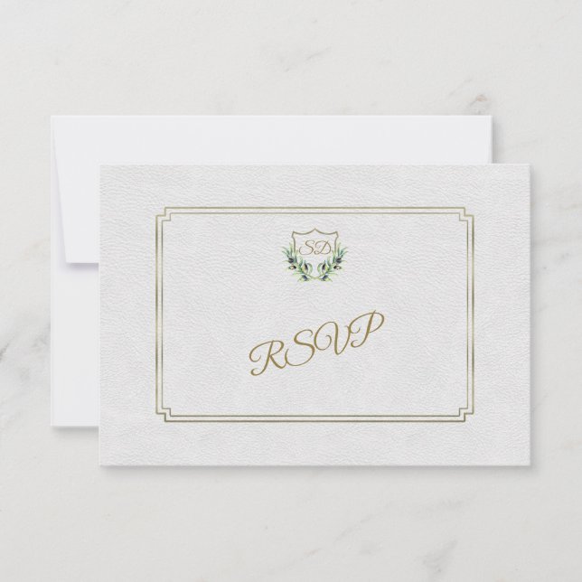 Royal Gold Crest Lush Greenery Wedding RSVP Card (Front)