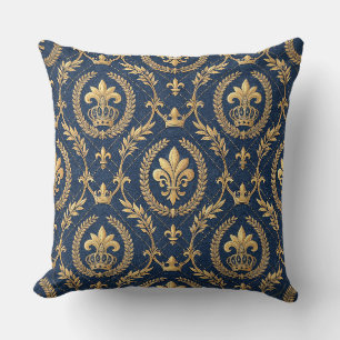 Royal Gold Crown Blue Velvet Luxury Damask Pattern Throw Pillow