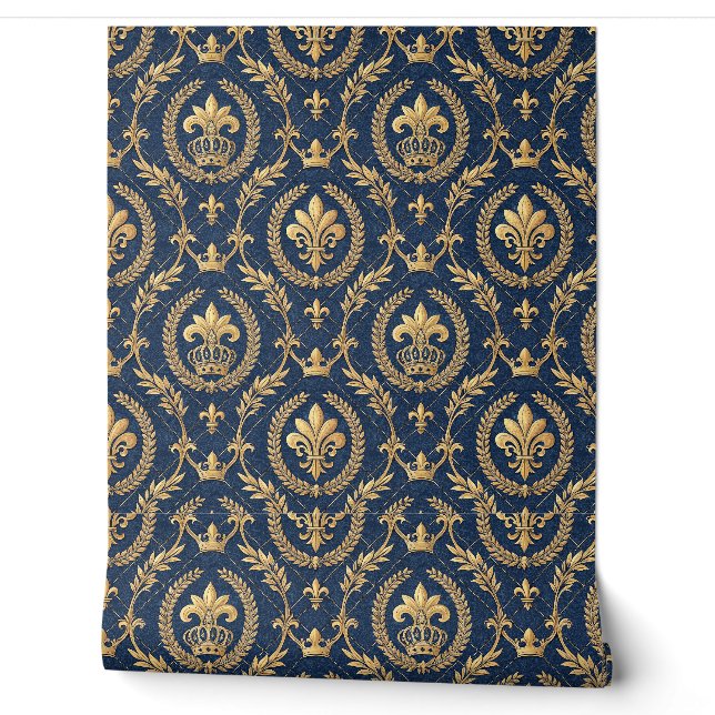 Royal Gold Crown Blue Velvet Luxury Damask Pattern Wallpaper (Unrolling)