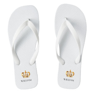 Royal Gold Crown Customized Name White Flip Flops
