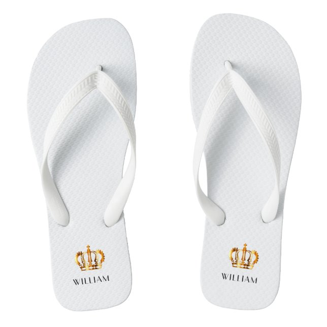 Royal Gold Crown Customized Name White Flip Flops (Footbed)