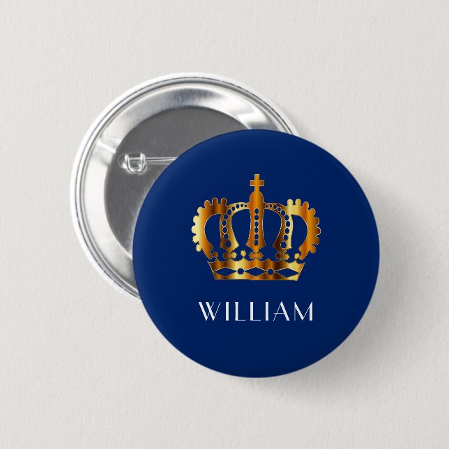 Royal Gold Crown Personalized Name Blue  2 Inch Round Button (Front & Back)