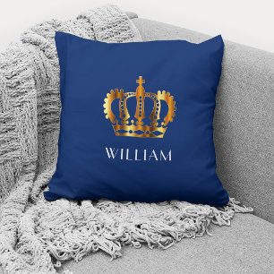 Royal Gold Crown Personalized Name Blue Throw Pillow