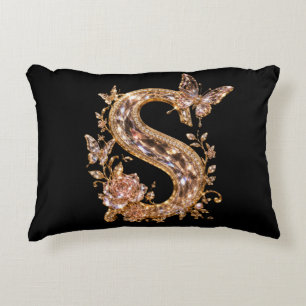 Royal Gold Crystal Letter S Luxury Monogram Accent Pillow