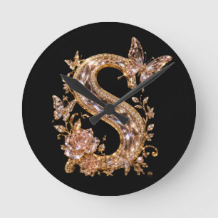 Royal Gold Crystal Letter S   Luxury Monogram Round Clock