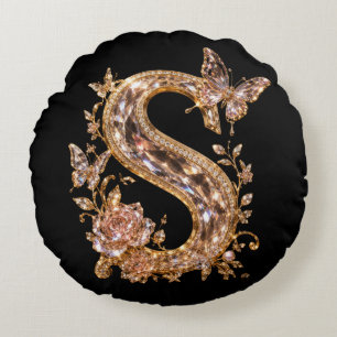 Royal Gold Crystal Letter S Luxury Monogram Round Pillow