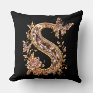 Royal Gold Crystal Letter S Luxury Monogram Throw Pillow