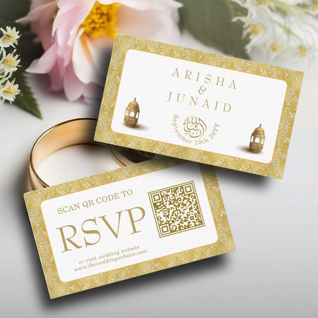 Royal Gold Damask Muslim QR Code RSVP Wedd Website Enclosure Card (Creator Uploaded)