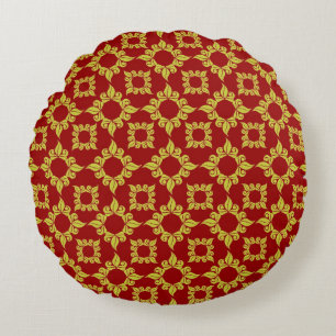 Royal Gold Damask Pattern on Deep Red Round Pillow