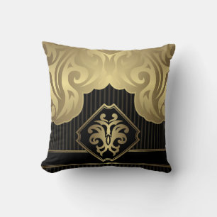 royal,gold,fleur de lis,pattern,on black,elegant,v throw pillow