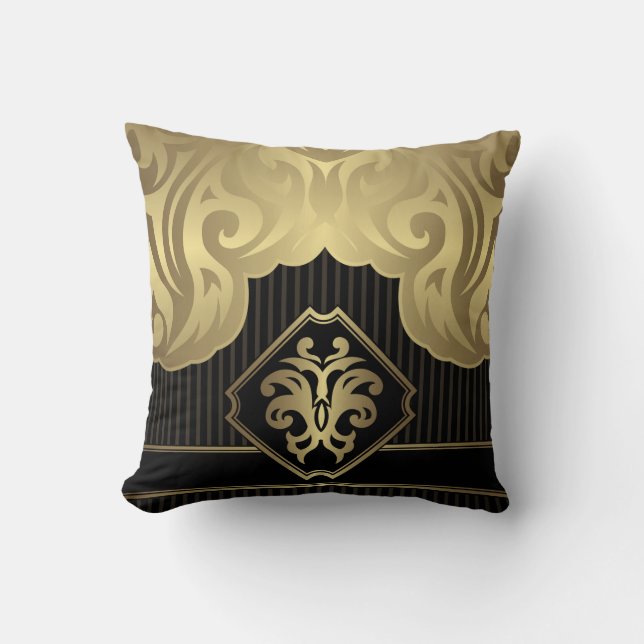 royal,gold,fleur de lis,pattern,on black,elegant,v throw pillow (Front)