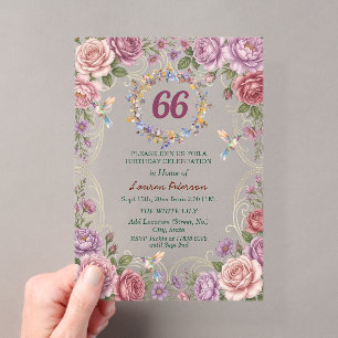Royal Gold Floral Hummingbirds 66th Birthday Party Acrylic Invitations