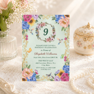 Royal Gold Floral Hummingbirds 9th Birthday Party Invitation