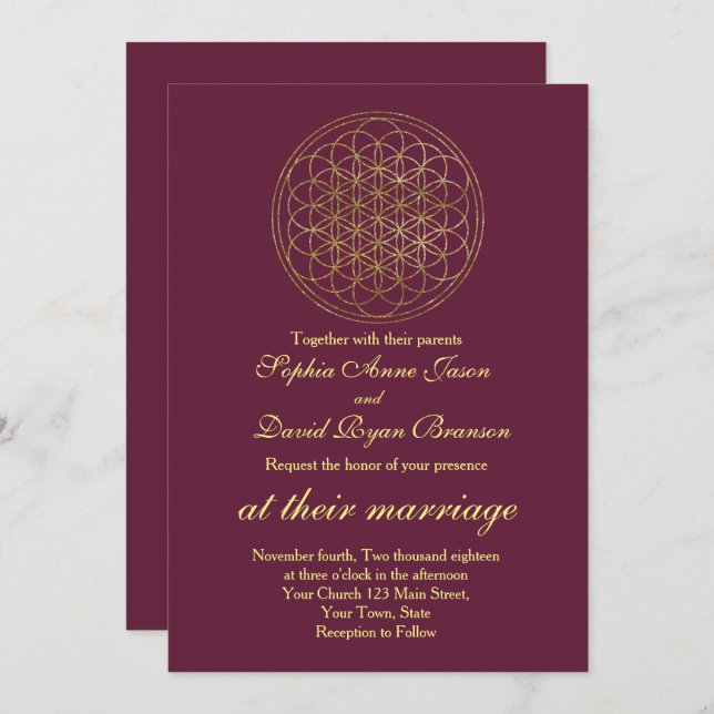 Royal Gold Flower of Life Sacred Geometry Wedding Invitation (Front/Back)