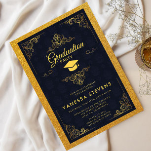 Royal Gold Glitter Ornate Graduation Cap Party  Invitation