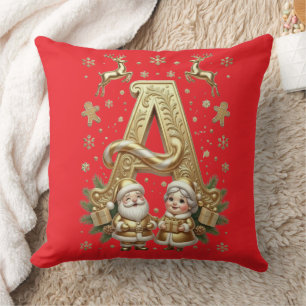 Royal Gold Letter A Luxury Red Festive Throw  Pillow