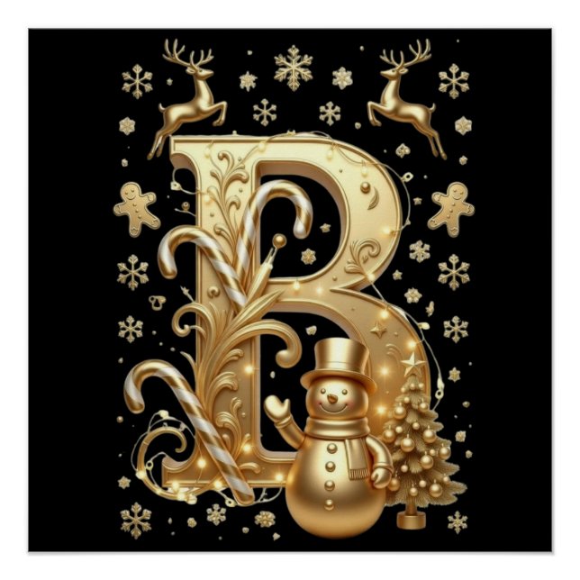 Royal Gold Letter B Luxury Snowman Glossy Poster  (Devant)