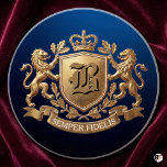 Royal Gold Lion Coat of Arms Semper Fidelis Coaster<br><div class="desc">Elevate your home decor with this Royal Gold Lion Coat of Arms Coaster. Featuring regal golden lions supporting a crowned shield with a 'B' monogram, and the Latin motto 'SEMPER FIDELIS' on a banner below, this heraldic design on a deep blue background exudes vintage luxury. Perfect for barware or as...</div>