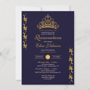 Royal Gold Tiara Crown Elegant Navy Quinceañera Invitation